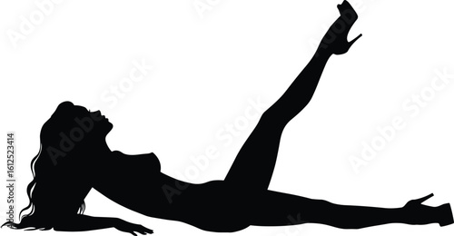 Cad drawing flat vector illustration, black and white silhouette of reclining woman, raised leg, fashion sketch, side profile, minimalist art design