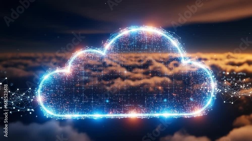 Wallpaper Mural A vibrant digital cloud icon illuminated with blue and orange lights floating above a sea of clouds at sunset symbolizing technology and connectivity in a serene atmosphere Torontodigital.ca