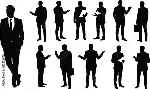 Cad drawing flat vector illustration, business professional silhouettes in suits, formal gestures, corporate teamwork, presentation, leadership, negotiation, office discussion