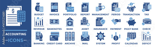 Accounting icon collection set. Containing accounting, budget, invoice, tax, report, revenue, banknotes and more. Solid vector icons collection