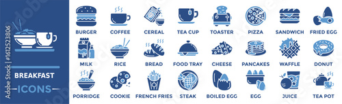 Breakfast icon collection set. Containing milk, rice, bread, food tray, breakfast, burger, coffee, cereal and more. Solid vector icons collection