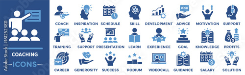Coaching icon collection set. Containing coach, inspiration, schedule, skill, development, advice, motivation and more. Solid vector icons collection