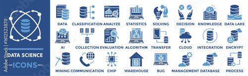 Data Science icon collection set. Containing data, classification, analyze, statistics, solving, decision, knowledge and more. Solid vector icons collection