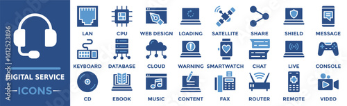 Digital service icon collection set. Containing console, remote, video, lan, cpu, cd, headset, loading and more. Solid vector icons collection