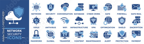Network security icon collection set. Containing conversation, vpn, network, security, infrastructure, database, cyber crime and more. Solid vector icons collection