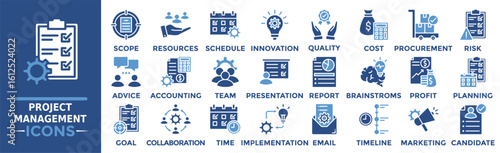 Project Management icon collection set. Containing scope, resources, schedule, innovation, quality, cost, procurement and more. Solid vector icons collection