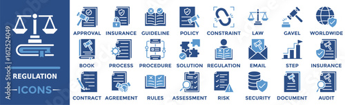 Regulation icon collection set. Containing approval, insurance, guideline, policy, constraint, law, gavel and more. Solid vector icons collection