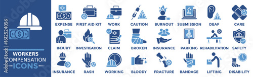 Worker Compensation icon collection set. Containing expense, first and kit, work, caution, burnout, submission, deaf and more. Solid vector icons collection