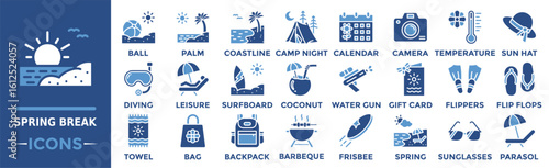 Spring Break icon collection set. Containing ball, palm, coastline, camp night, calendar, camera, temperature and more. Solid vector icons collection