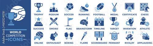 World Competition icon collection set. Containing trophy, podium, soccer, running, football, medal, certificate and more. Solid vector icons collection