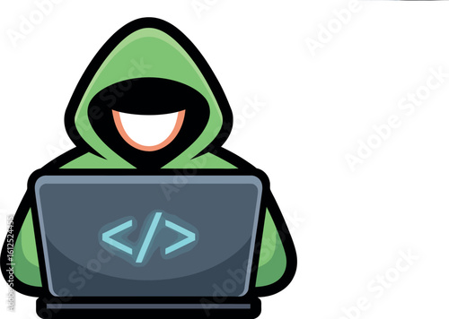 Cartoon hacker with green hoodie using a laptop with code symbol on screen against a white background