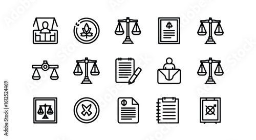 Line editable icon set of legal and justice icons, including scales of justice and legal documents line icon set