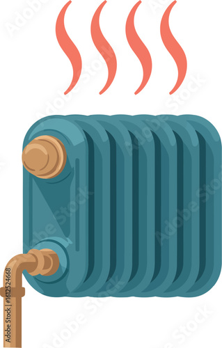 A blue radiator with copper pipes and a valve emitting red waves on a white background illustration