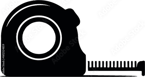 Illustration of a black and white tape measure on a white background in a simple graphic style
