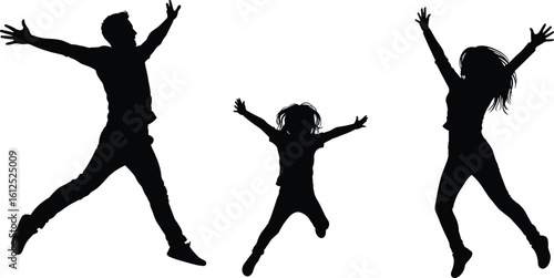Cad drawing flat vector illustration, joyful family silhouette jumping together, unity, excitement, happiness, black and white sketch, emotional 
