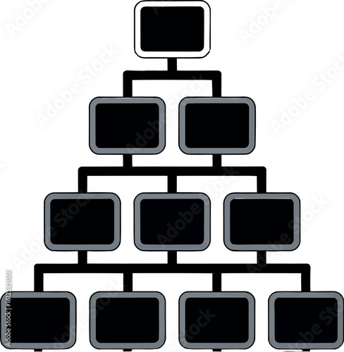 A black and gray hierarchical chart with ten rectangular nodes connected by lines on a white background