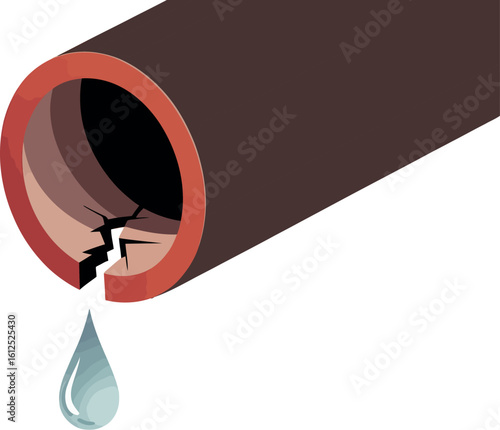 Illustration of a cracked brown pipe with a red interior and a single water drop falling from it