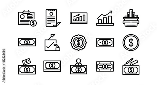 Line editable icon set of finance and business icons, including money, charts, and documents line icon set