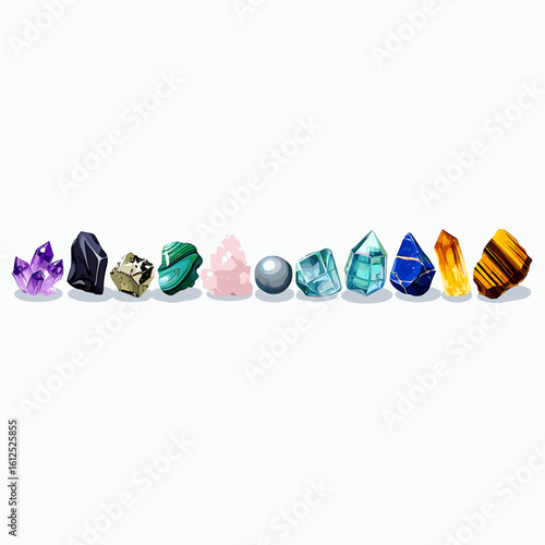 Collection of colorful gemstones and minerals for healing and chakra balancing crystal therapy design