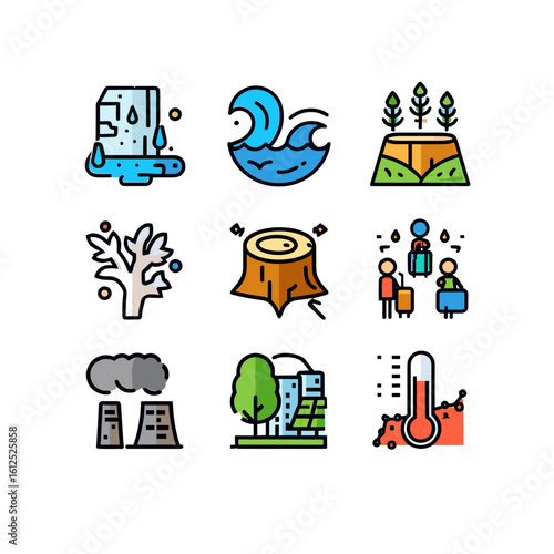 Climate change and global warming effects illustration showing environmental impact and disaster issues