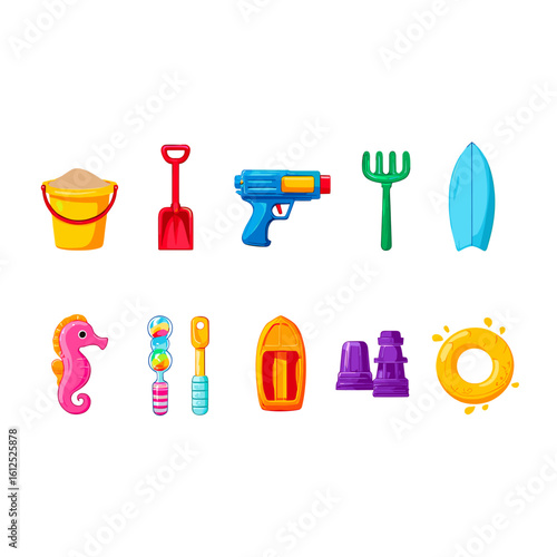 Illustration of beach toys for kids including bucket shovel surfboard and water gun for summer fun vacation
