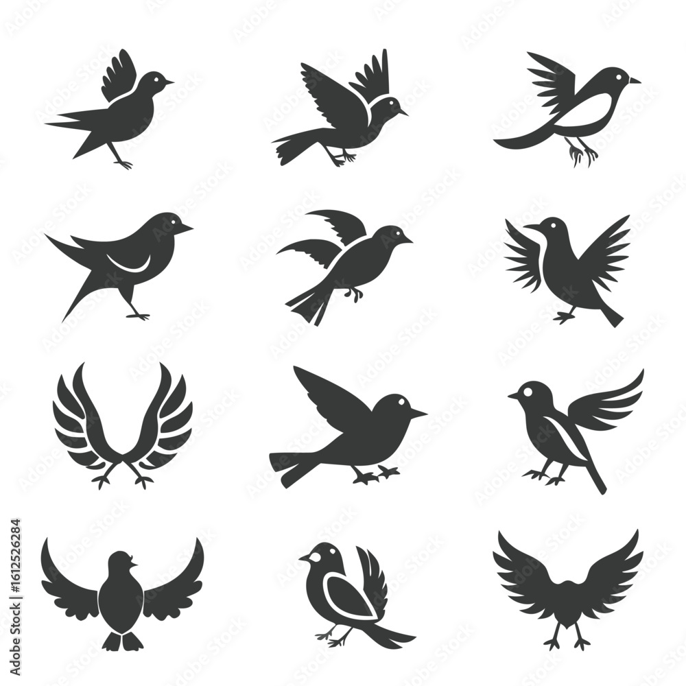 Obraz premium Collection of Bird Illustrations in Flight and Perched A Variety of Stylized Bird Silhouettes for Graphic Design and Decorative Use