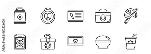 Line editable icon set of line art icons representing food, pets, travel, and gifts line icon set