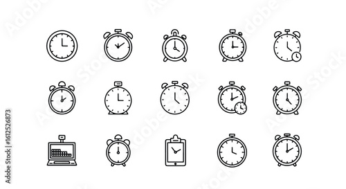 Line editable icon set of various alarm clock icons representing time and punctuality line icon set