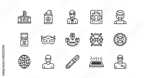 Line editable icon set of superhero and comic book themed icons line icon set
