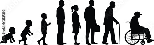 Human life stages, silhouette illustration, growth and development, age progression, flat design, vector art, aging process, cad drawing flat vector illustration