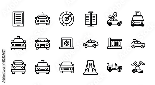 Line editable icon set of modern line art icons representing various vehicles and transportation elements line icon set