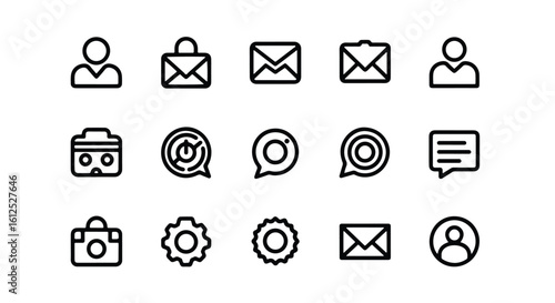 Line editable icon set of simple line icons representing user profiles, mail, messages, cameras, and gears line icon set