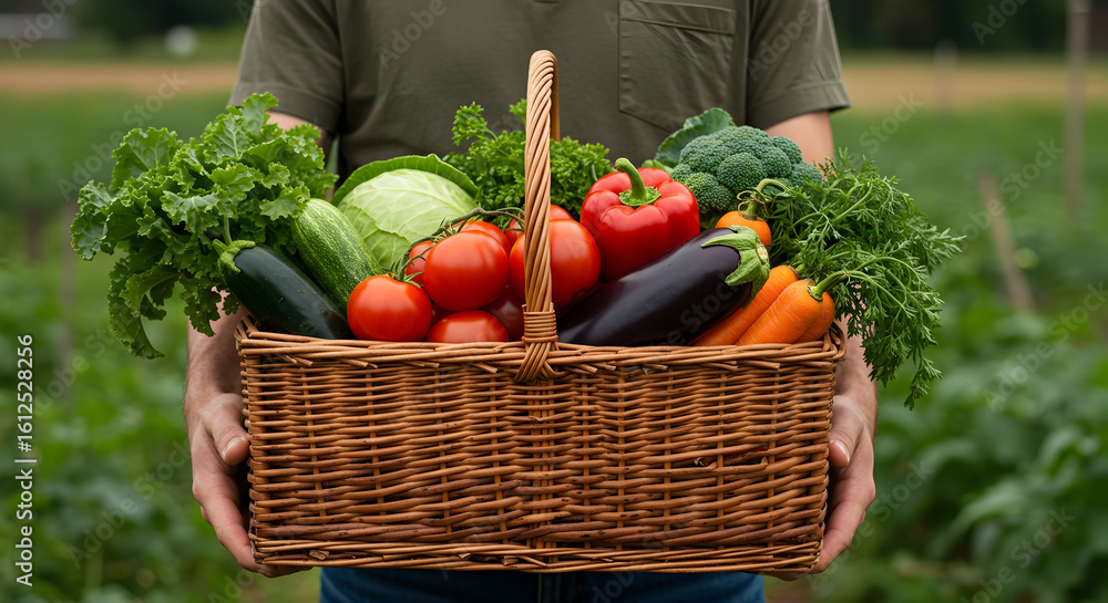 Fototapeta premium Man Holding a Basket Full of Freshly Harvested Vegetables in a Green Rural Landscape