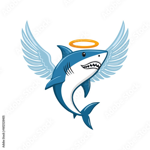 vector logo, clean minimalist Great White Shark with Angel Wings