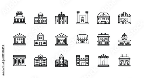 Line editable icon set of classic building icons representing government and historical architecture line icon set