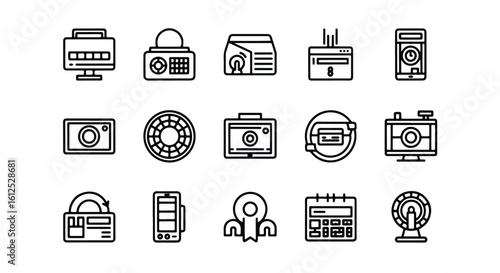 Line editable icon set of modern technology icons including computers, cameras, and mobile devices line icon set