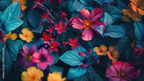 Wallpaper Mural Vibrant, saturated close-up of diverse flowers and teal foliage, exhibiting a moody, stylized aesthetic Torontodigital.ca