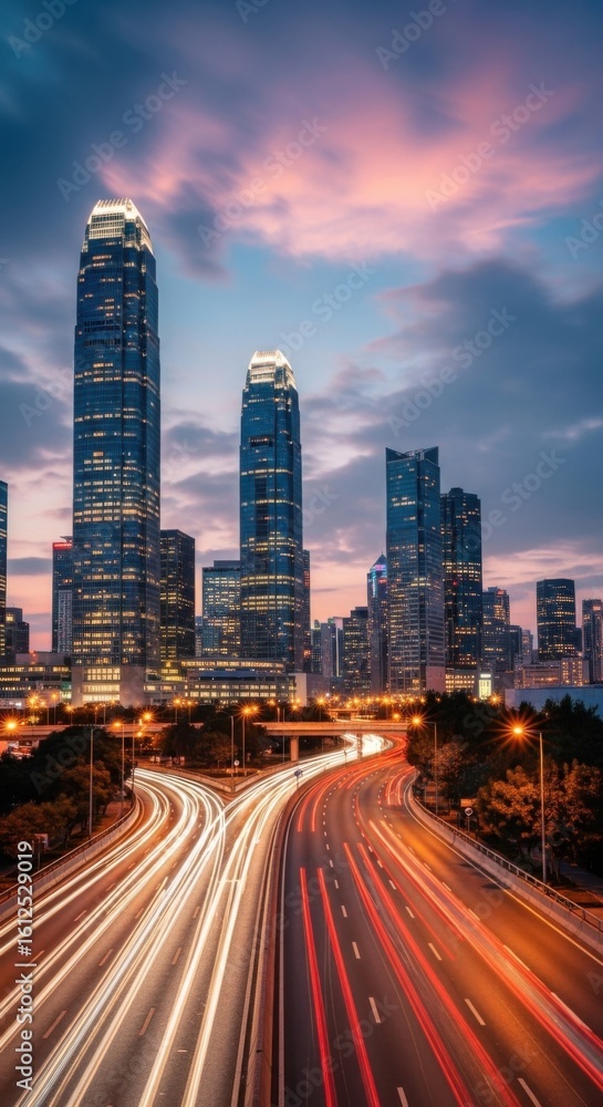 Fototapeta premium Vibrant city skyline at dusk with light trails on the highway