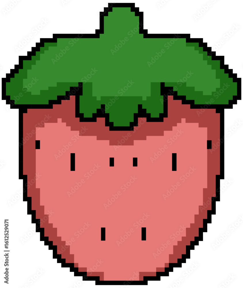 Fototapeta premium Strawberry Pixel Art – Cute 8-Bit Fruit Illustration, Retro Game Style Pixelated Strawberry Clipart, Kawaii Red Berry Icon for Digital Design, Sticker, Asset, or Summer Food Graphic Element
