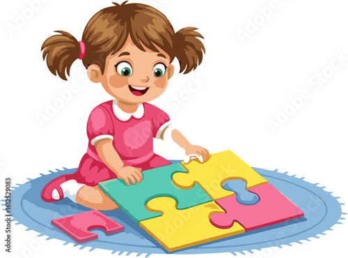 A young girl sits on a rug, happily playing with a large, colorful jigsaw puzzle.