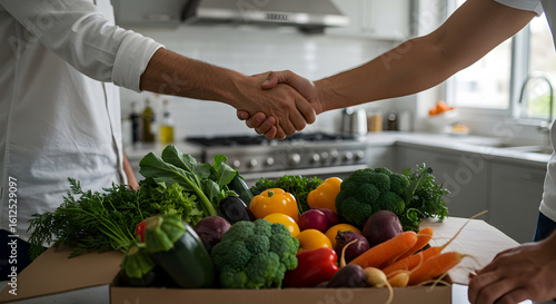Handshake Agreement Over Freshly Delivered Organic Vegetables in a Modern Kitchen Setting
