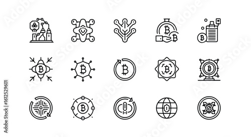 Line editable icon set of bitcoin and cryptocurrency icons representing blockchain technology and digital finance line icon set