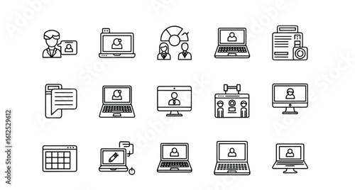 Line editable icon set of business and technology icons representing online meetings and communication line icon set