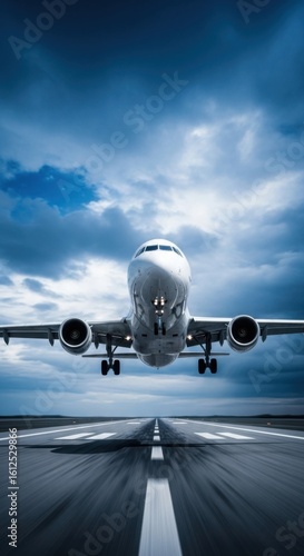 An Airplane Takes Off From The Runway During A Stormy Day With Dark Clouds In The Sky