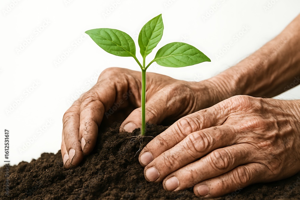 Aged hands planting a vibrant green seedling in rich soil growth Aged hands planting a vibrant green seedling in rich soil growth