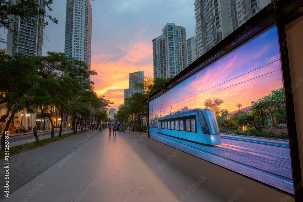 Fototapeta premium futuristic cityscape features realtime transportation hologram superimposed against stunning sunset