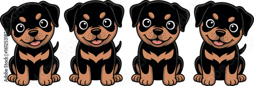 A row of four cartoon rottweiler puppies sitting with a white background and smiling happily