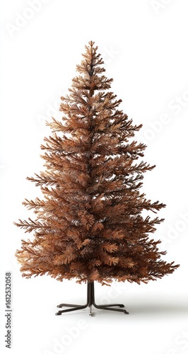 Isolated, dried-out Christmas tree, now brittle & faded, stands alone. The needles are brown, sparse, contrasting against the white background, reflecting neglect or the end of the season