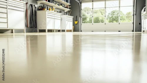 Clean and Organized Garage Interior with Epoxy Flooring and Natural Light