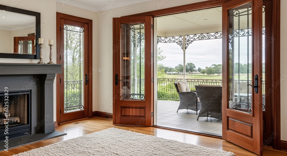 Obraz premium Interior view of a living room with a fireplace and doors leading to an outdoor patio area space area